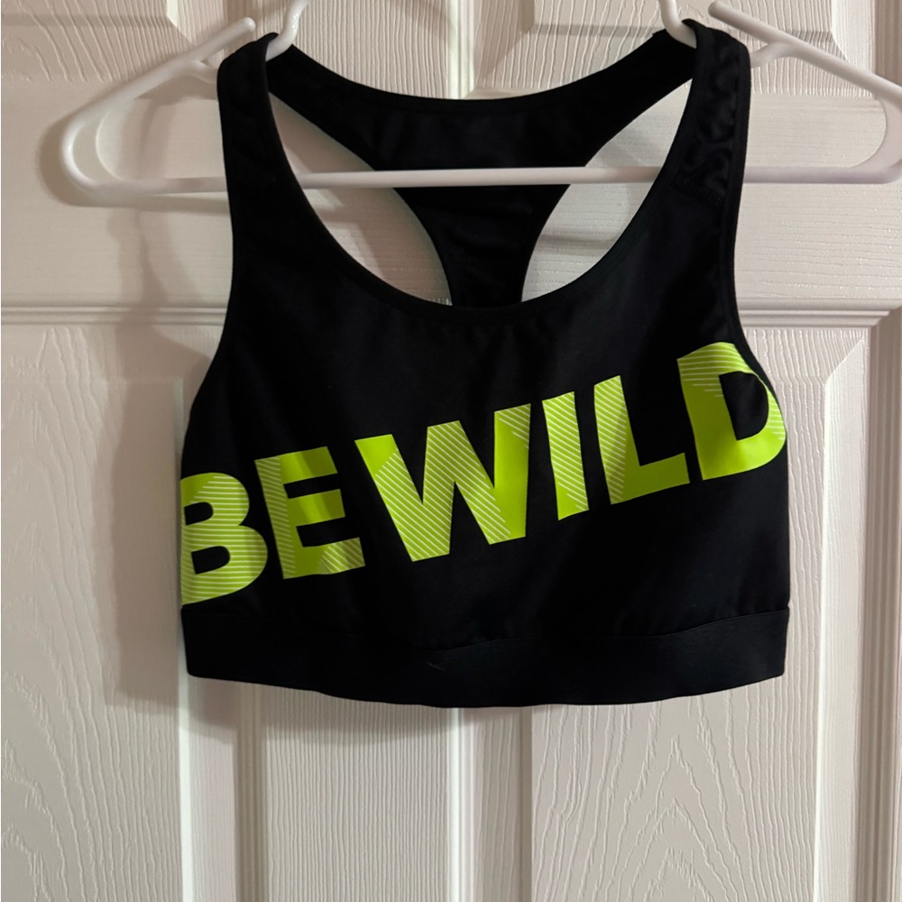 Black Sports Bra with Neon Yellow 'BE WILD' Print